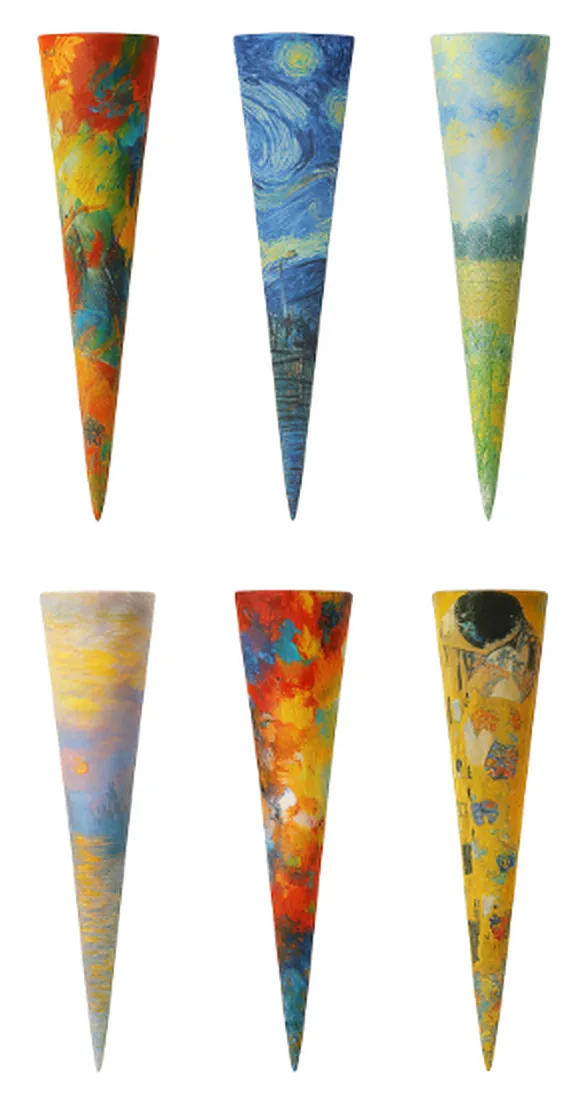 Coming soon concept render of six golf tees painted in the manner of Van Gogh, Monet, and Klimt