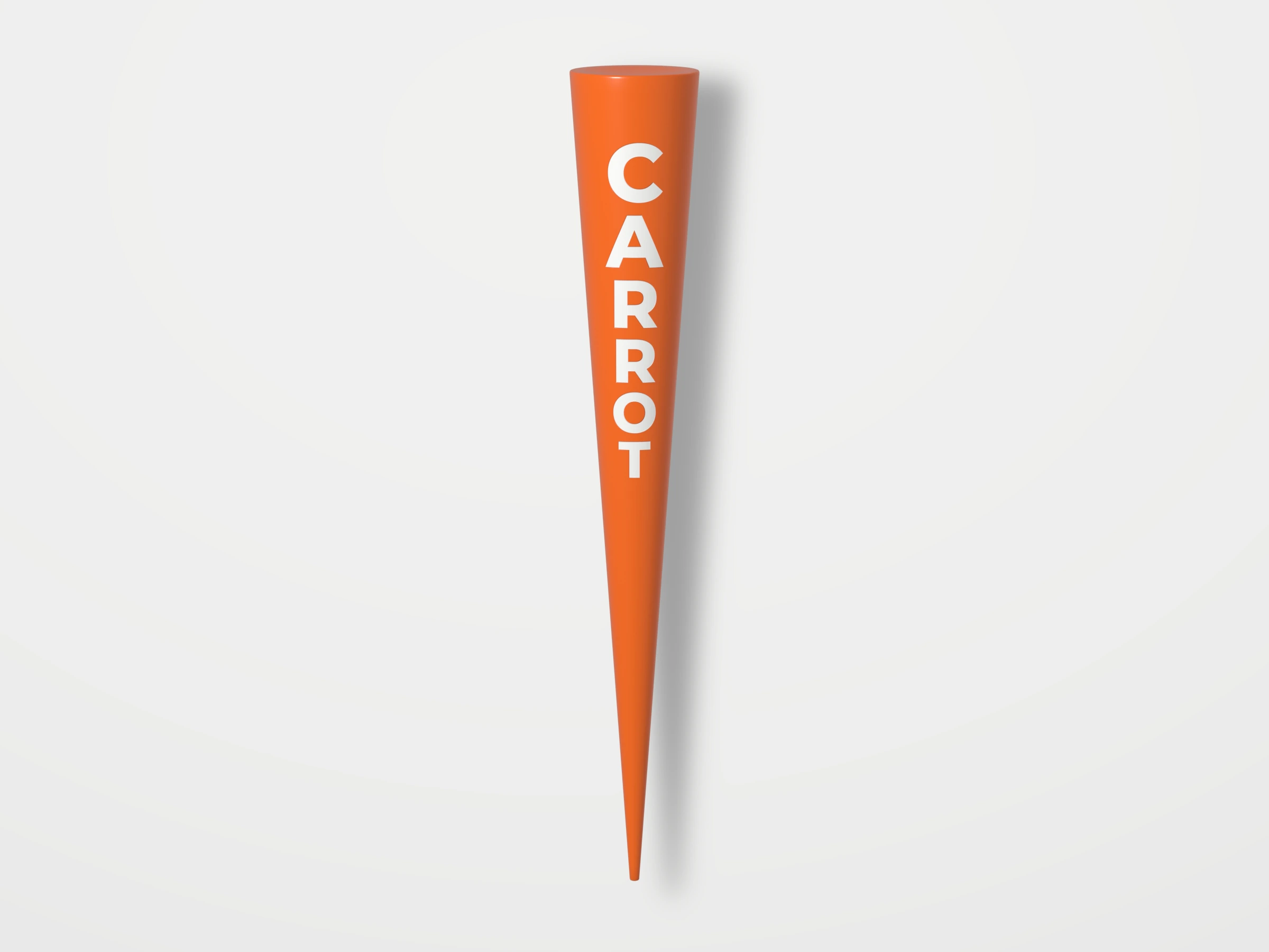 Concept render of the orange CARROT tee standing upright, the white letters C, A, R, R, O, T stacked top to bottom, the tee on the waitlist
