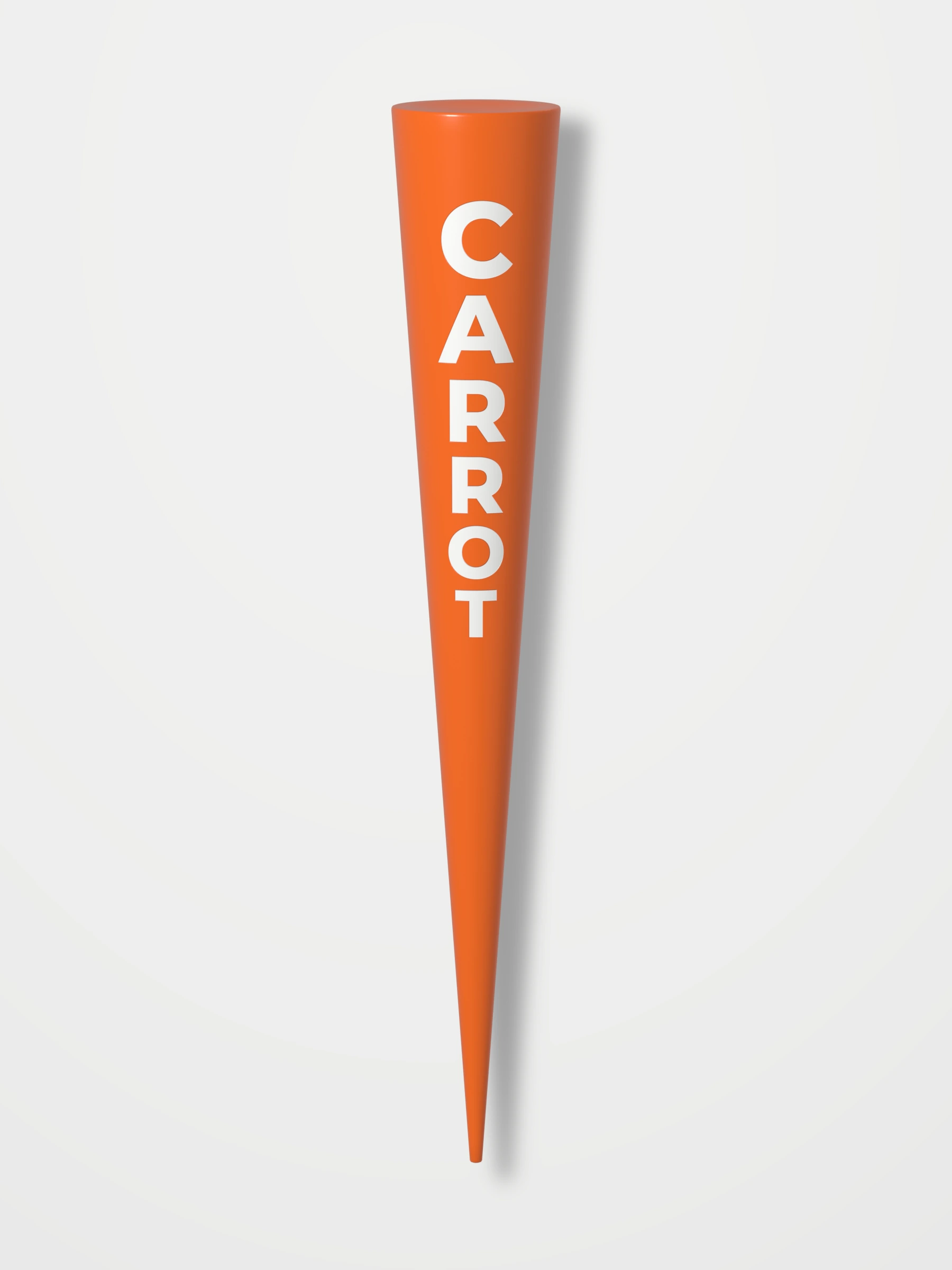 Render of the orange tee with white letters C, A, R, R, O, T stacked top to bottom