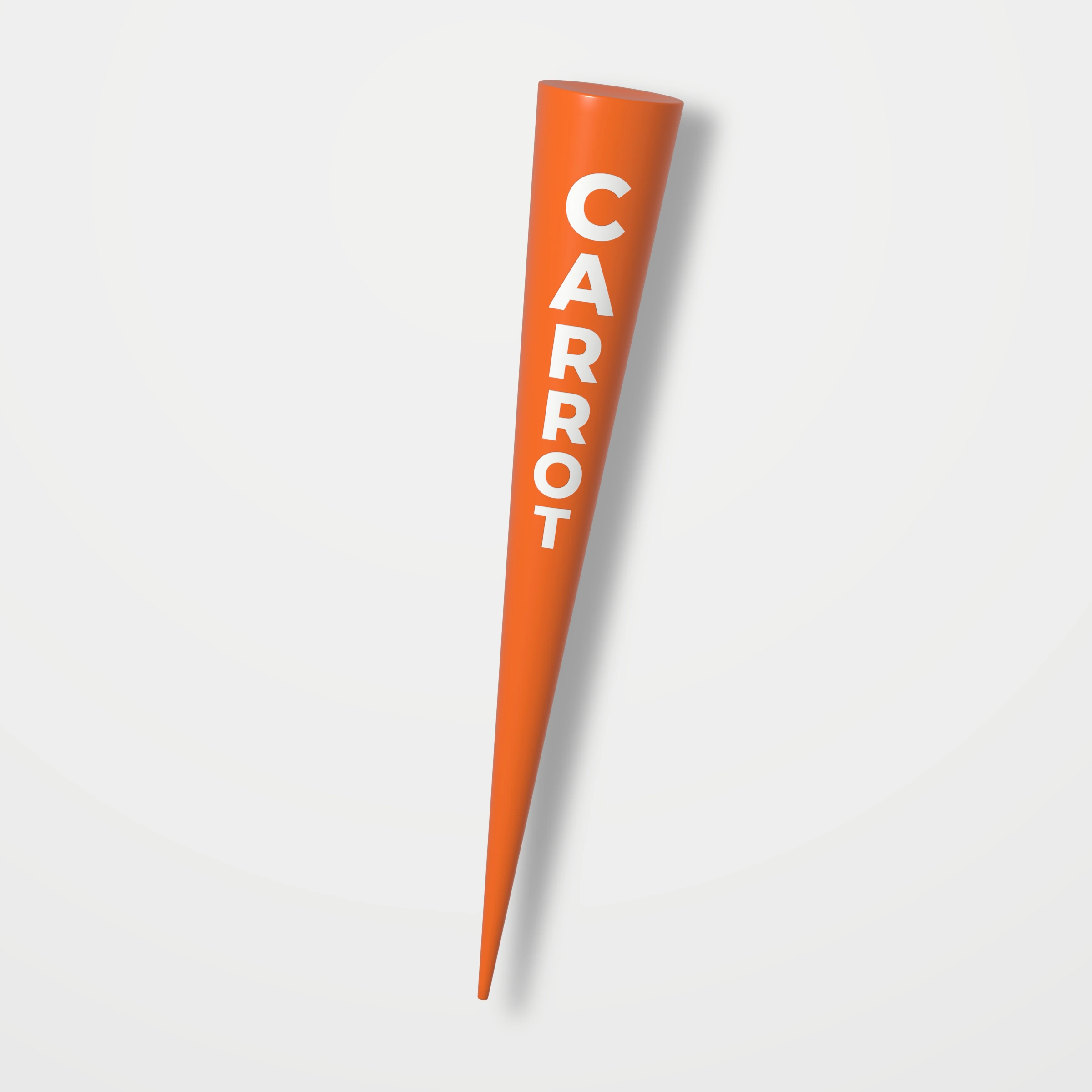 Render of the orange CARROT golf tee standing upright, white letters C, A, R, R, O, T stacked top to bottom, the tee on the waitlist